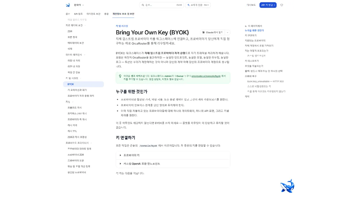 OrcaRouter 문서의 BYOK 페이지 첫 화면. Bring Your Own Keys(BYOK) 제목 아래에 자체 제공자 자격증명을 연결한다는 설명이 놓이고, 이어서 연결 방법을 안내하는 절과 별도 영업 상담이나 티켓 없이 직접 설정한다는 안내가 함께 보인다